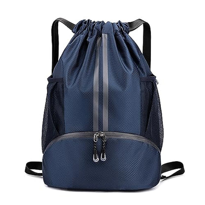 Valleycomfy Sports Drawstring Backpack - Water Resistant String Bag with Side Mesh Pockets Shoe Compartment Gym Backpack for Women & Men Dark Blue - color: A-dark Blue