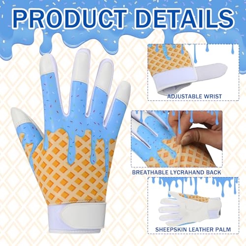 JenPen 1 Pair Youth Ice Cream Drip Batting Gloves 6 Inch Baseball Batting Gloves Long Cuff Leather Ice Cream Drip Pattern Mitt Grip Finger for Softball Teeball Baseball Kids Youth Boys - color: Blue, size: L Size