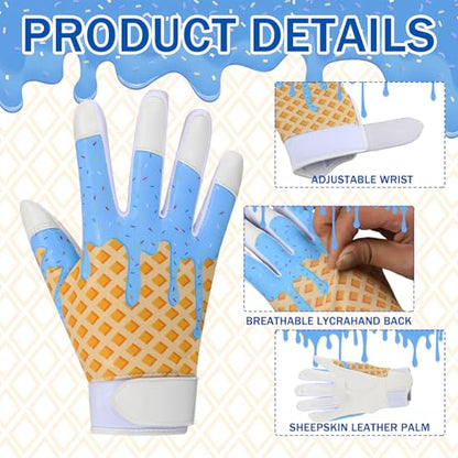 JenPen 1 Pair Youth Ice Cream Drip Batting Gloves 6 Inch Baseball Batting Gloves Long Cuff Leather Ice Cream Drip Pattern Mitt Grip Finger for Softball Teeball Baseball Kids Youth Boys - color: Blue, size: L Size