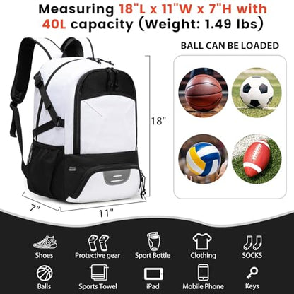 Basketball Backpack - Large Sports Equipment Bag with Ball Holder & Shoe Compartment for Basketball. (white) - color: White