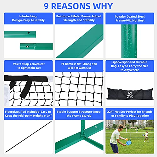 Portable Pickleball Net System Regulation Size Net Set 22FT for Indoor and Outdoor, Designed for All Weather Conditions with Steady Metal Frame, Strong PE Net and 600D Carrying Bag