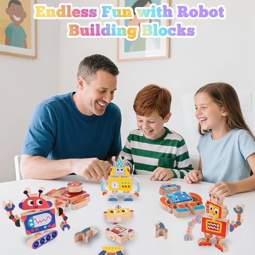 Wooden Robot Building Blocks Toys, STEM Montessori Preschool Toys for 3+ Year Old Toddlers, 35 Pcs Snap Together Take Apart Toy Playset for Kids Ages 3-5, Boys Girls Christmas Birthday Gifts