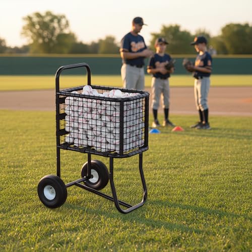 Baseball Cart with 10" Wheels - Large Capacity Ball Holder for Batting Cage & BP, Portable Softball Caddy Holds 300 Baseballs/150 Softballs, Heavy Duty Storage with Anti-Sag Strap (Black)