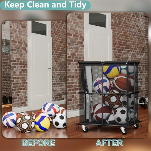 Ball Storage Bin Rolling Sports Ball Storage Cart Garage Sports Equipment Organizer Rack with Wheels Outdoor Basket Ball Cage for Garage, School, Gym, Yoga Room