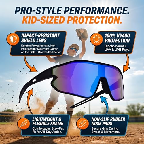 Kids Baseball Sunglasses - Youth Baseball Sunglasses for Boys Girls - Sports Softball Shades Age 6-14 - color: B8 Black / Blue Mirror