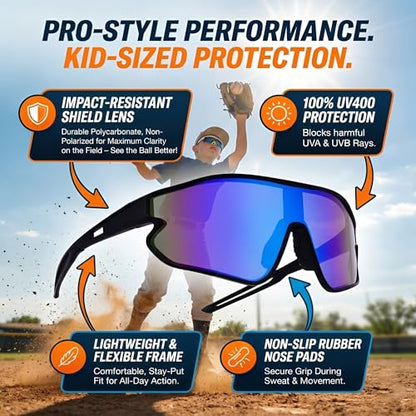 Kids Baseball Sunglasses - Youth Baseball Sunglasses for Boys Girls - Sports Softball Shades Age 6-14 - color: B8 Black / Blue Mirror