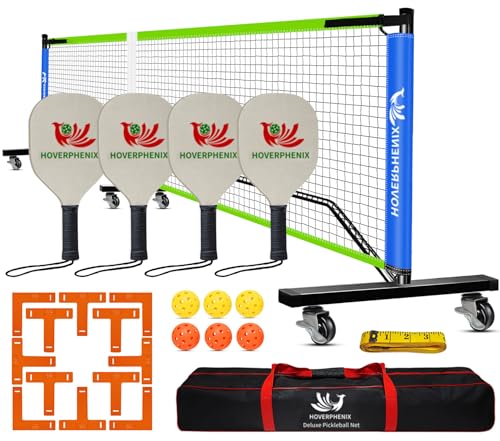 Hoverphenix Portable Pickleball Net Set, 22FT Regulation Size Pickle Ball Net with Paddle Set of 4, Pickleballs and Carry Bag, Easy Setup for Indoor Gym, Outdoor Court,Driveway, Backyard - color: BLUE & GREEN, style: Pickleball Net with Wheels