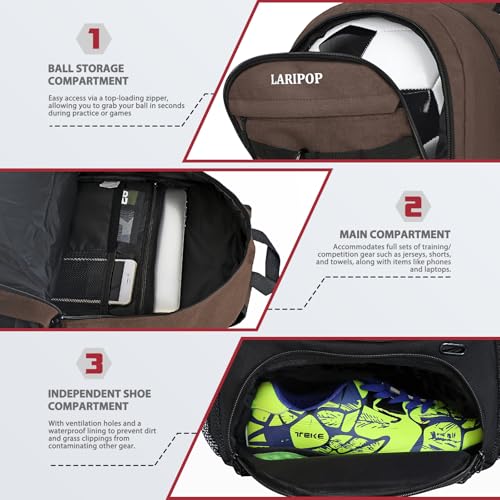 LARIPOP Soccer Backpack with Ball Holder & Shoe Compartment Large Capacity Youth Sports Bag for Training - color: Brown