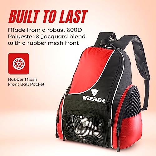 Vizari Solano Soccer Backpack With Ball Compartment and Vented Ball Pocket and Mesh Side Cargo Pockets for Adults and Teens - color: Red