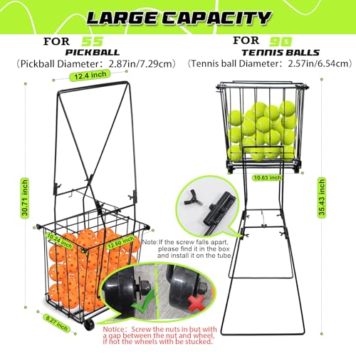 ParseBio Portable Pickleball Tennis Ball Collector with Wheel, 90 Tennis Balls Capacity, Pickleball Retriever Basket Carrier Gatherer Picker Hopper Container