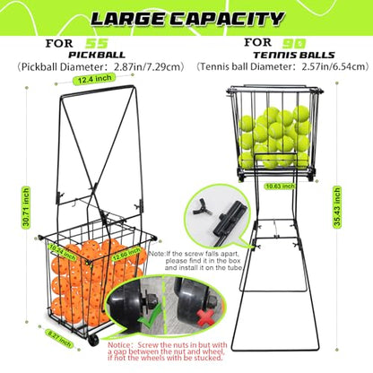 ParseBio Portable Pickleball Tennis Ball Collector with Wheel, 90 Tennis Balls Capacity, Pickleball Retriever Basket Carrier Gatherer Picker Hopper Container