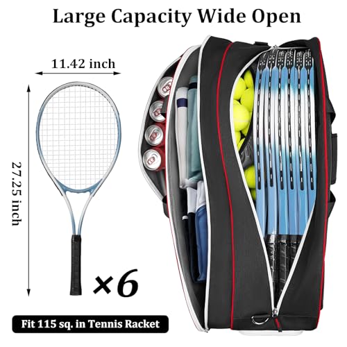 Ytonet Tennis Bag 6 Rackets, Large Tennis Racket Bag for Men Women with Insulated Pocket Shoe Compartment Water Resistant 3-Ways Carry Padded Badminton Cover for Pro/Team/Familiy Training, Black