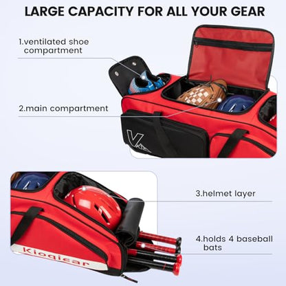 Catchers Gear Bag with Wheels for 4 Bats, Rolling Baseball Softball Bag With Multi-Pockets, Fence Hook, Holds All Baseball Equipment. - color: Red