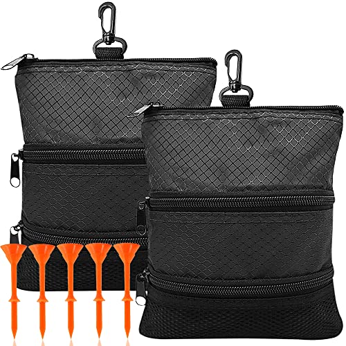 Amy Sport Golf Bag Accessories Valuables Pouch Bags Multi Pocket Zipper Hook with 10 Pcs Wood Golf Tees for Men Women - color: Pure Black 2 Pack