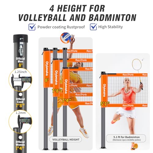 Badminton & Volleyball Combo Set 32 ft with Net, Anti-Sagging Design, 4 Badminton Rackets, 3 Birdies and PU Volleyball for Backyard Lawn Beach - color: Bright Orange