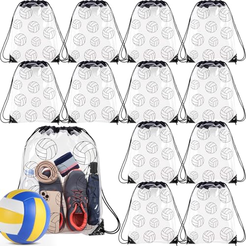 Cholemy 12 Pcs Clear Volleyball Drawstring Bags, 17 x 13 Inch Transparent Sports Volleyball Gift Goodie Bags for Team, Waterproof String Backpacks for Players, Gym, Stadium, Travel - style: Volleyball Style