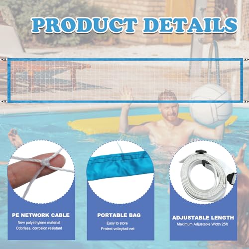 Pool Volleyball Net Replacement Adjustable Length 15-25 ft Portable Volleyball Net for Outdoor Backyard Swimming Pool Beach - color: Light Blue