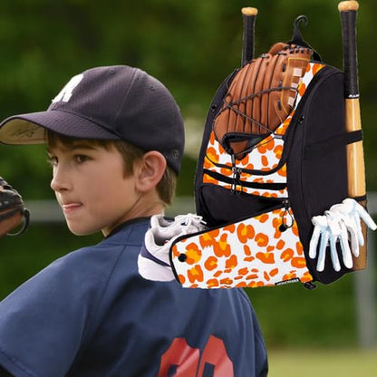 Youth Softball Equipment Bag with Vented Shoe Compartment, Baseball Bat Bag, Fence Hook, for Batting Mitten, Helmet, Teeball Gear, Adult Boys Girls Kids - color: Orange Leopard