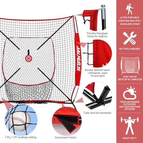 6'X6' Baseball Softball Practice Net,Pitching Net,Batting Net,with Bonus Strike Zone,Target and Bow Frame,for Hitting,Pitching,Catching - size: 6 x 6 FT, style: Strike Zone Version-Red