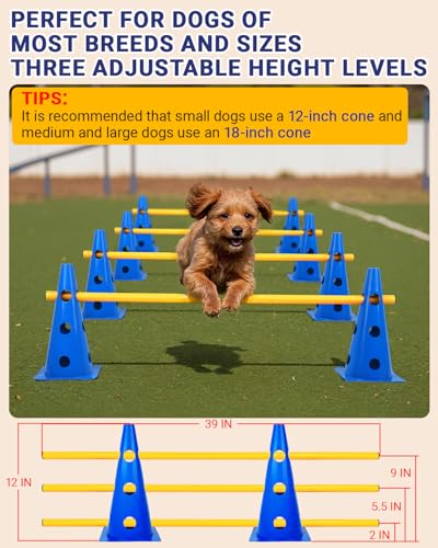 Dog Agility Course Backyard Set, Dog Agility Hurdle Cone Set with Height Adjustable Crossbar for Rehabilitation & Beginners, Dog Agility Equipment for Dog Obstacle Course - 12 Inch