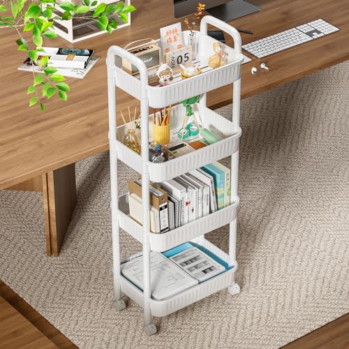 JOYZAN 4 Tier Rolling Carts with Wheels, Utility Cart with Handle and Locking Caster, Storage Cart for Kitchen, Office, Bedroom, Suitable for Diaper, Art Tools, Snack, Craft Storage Cabinet, White