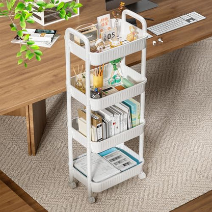 JOYZAN 4 Tier Rolling Carts with Wheels, Utility Cart with Handle and Locking Caster, Storage Cart for Kitchen, Office, Bedroom, Suitable for Diaper, Art Tools, Snack, Craft Storage Cabinet, White