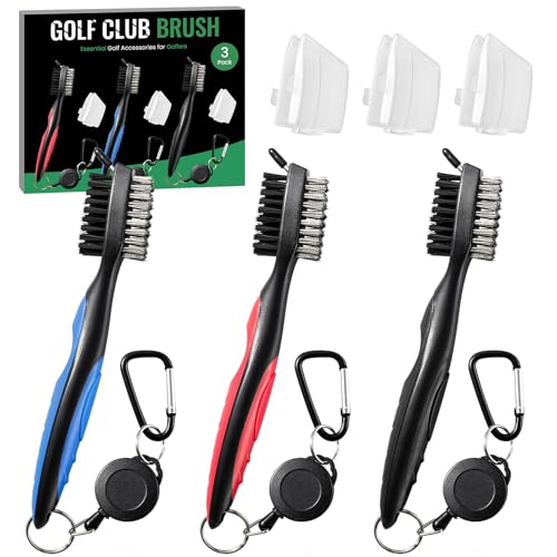 POIKSHARK Golf Club Brush and Club Groove Cleaner with Retractable Zip-line and Aluminum Carabiner Cleaning Tools - color: 3 Pack-Black/Red/Blue