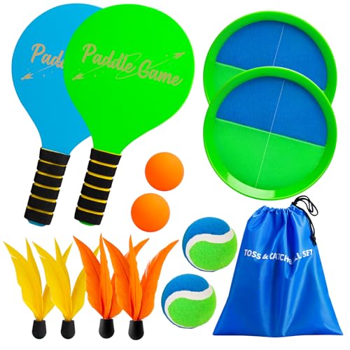 TEILLNET 2-in-1 Beach Paddle Ball and Toss Catch Ball Game Set, Summer Outdoor Toys for Kids Adults, Family Yard Lawn Beach Pool Park Games, Outside Sports Gifts for Boys Girls 3 4 5 6 7 8 9 10 11 12