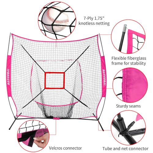 BaseGoal 7'×7' Baseball Softball Practice Net,Baseball Backstop,for Hitting Pitching Batting Catching with Bow Frame,Bonus Strike Zone - style: Purple