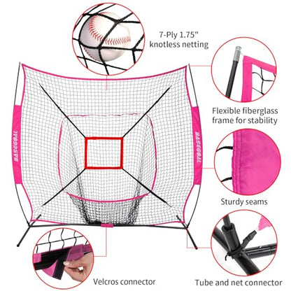 BaseGoal 7'×7' Baseball Softball Practice Net,Baseball Backstop,with Batting Tee,for Hitting Pitching Batting Catching with Bow Frame,Bonus Strike Zone - style: Purple-A