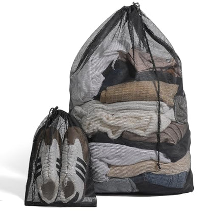 2 Pack Mesh Laundry Bags - Large & Small Heavy Duty Mesh Laundry Bag with Drawstring, Wash Bags for Travel, College, Dorms, Sports, Family, Black - color: Black