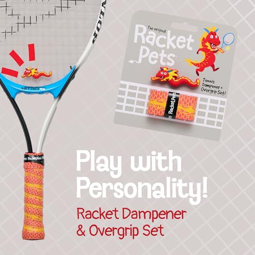 Racket Pets Kids Tennis Racket Dampener & Matching Overgrip Tape, Performance Shock Absorbing Dampener for Tennis Racket & Fun Animal Print Tennis Wrap Grip Tape - style: Dragon