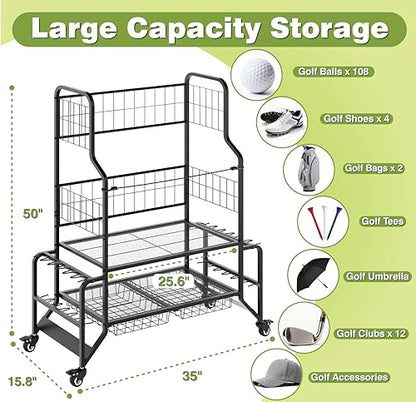 Golf Bag Storage Garage Organizer Golf Bag Stand Fits 2 Bags Extra Clubs Balls Shoes Golf Equipment Accessories Golf Storage Rack for Garage Club Shed