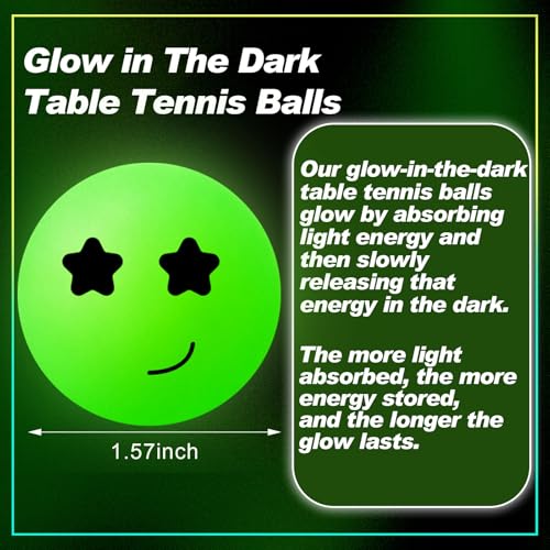Soulchen 40mm Glow in The Dark Table Tennis Balls Bulk, Carnival Game Night, Neon Birthday Party Favors, Classroom Rewards, Goodie Bag Filler, Pet Playmate - color: Glow in the Dark Green, size: Twinkle Smile