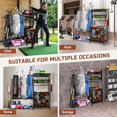 Garage Sports Equipment Organizer, 3 Golf Bag Organizer Stand Heavy-Duty Ball Storage Rack with Basket and Hooks, Ball Storage Cart for Toy Sports Gear Storage, Black
