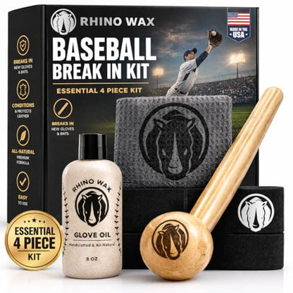 Rhino Wax - Baseball Glove Break-in Kits - May Include Premium Oil for Ball Gloves, Mallet for Breaking in, Shaping Wrap, and Microfiber Cloth - Everything to Get Your Glove Game Ready - size: Essentials Break In Kit