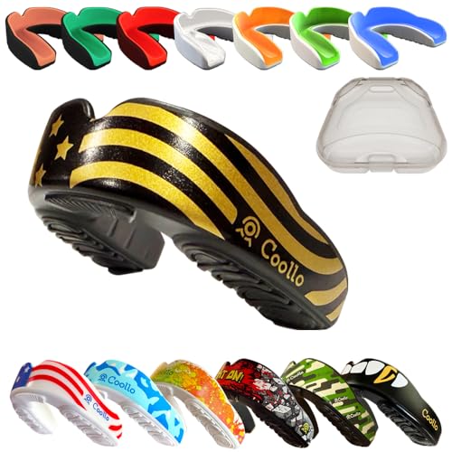 Boil and Bite Mouth Guard (Youth & Adult) Custom Fit Sport Mouthpiece for Football, Hockey, Rugby, Lacrosse,Boxing,MMA(Free Case Included) - color: American Flag -Gold, size: Adult -Ages 11 & Above