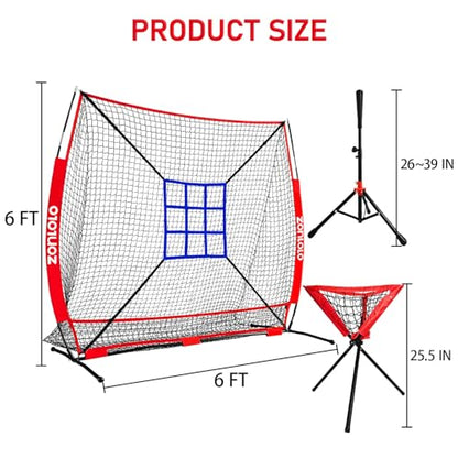 ZONLOLO 6x6ft Portable Baseball & Softball Net for Hitting，Pitching, Batting and Throwing, with Sturdy Bow Frame,Batting Tee, Ball Caddy and Strike Zone, Middel Size, Great for Kids!