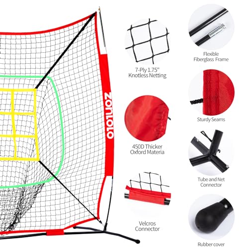 ZONLOLO 6x6ft Portable Baseball & Softball Net for Hitting，Pitching and Throwing, with Sturdy Bow Frame,Battting Tee,Ball Caddy and 2 Strike Zones, Perfect Pitching net for Kids!