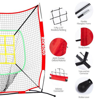 ZONLOLO 6x6ft Portable Baseball & Softball Net for Hitting，Pitching and Throwing, with Sturdy Bow Frame,Battting Tee,Ball Caddy and 2 Strike Zones, Perfect Pitching net for Kids!