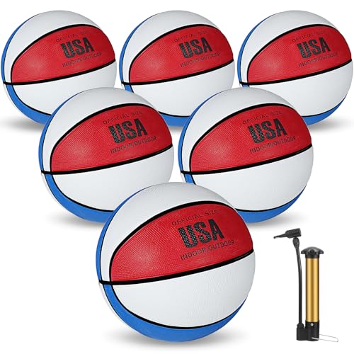 Junkin 6 Pcs Rubber Basketball Bulk with Pump Training Basketball Set Official Indoor Outdoor Basket Ball Training Streetball for Game School PE Class Practice Kid Youth Teen Sport Gift