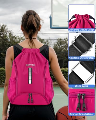 BROTOU Soccer Drawstring Backpack, Basketball Bag, Volleyball Football Bags with Ball and Shoe Compartment - color: Rose Red