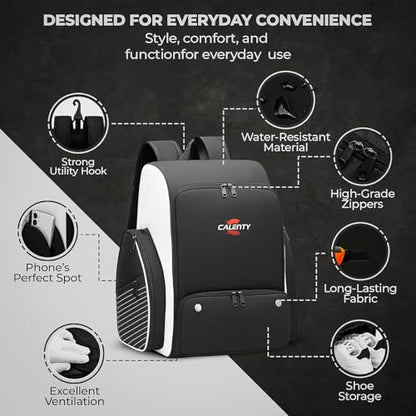 Pickleball Bag Backpack – Large Pickleball Backpack Fits 2+ Paddles with Shoe Compartment, Fence Hook, Secure Ball Storage & 2 Keychains, Premium Pickleball Bag for Men and Women