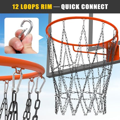 Insaga Chain Basketball Net Heavy Duty Metal - 19'' Basketball Chain Net for Hoop Outdoor Indoor Replacement, Rustproof Steel Chain Net for Standard 12-Loop Rim, Easy to Install