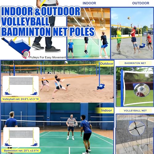 Volleyball Poles for Backyard,Badminton Net Frame Poles,Indoor& Outdoor Heavy Duty Volleyball Poles, Adjustable 4 Heights of 5ft-6.9ft w/Wheels&Net,for Adults Kids Stadium