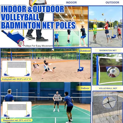Volleyball Poles for Backyard,Badminton Net Frame Poles,Indoor& Outdoor Heavy Duty Volleyball Poles, Adjustable 4 Heights of 5ft-6.9ft w/Wheels&Net,for Adults Kids Stadium