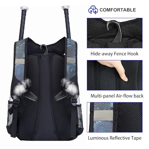 DAFISKY Baseball Bag Softball Backpack - Youth Adult T Ball Bat Equipment Bag with Bat Helmet Holders, Shoe Compartment - color: CamouflageBlue