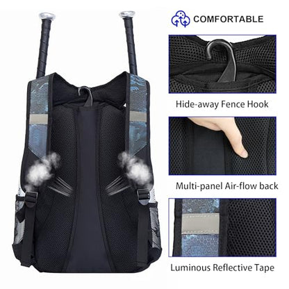DAFISKY Baseball Bag Softball Backpack - Youth Adult T Ball Bat Equipment Bag with Bat Helmet Holders, Shoe Compartment - color: CamouflageBlue