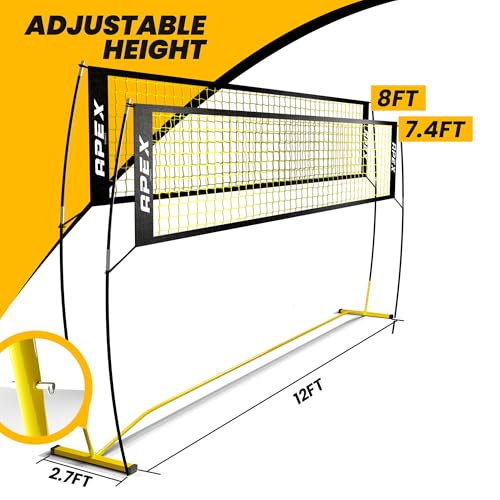 Apex Sports Volleyball Net Training – 12' Wide, Portable Adjustable Height 7.4' to 8' – Includes Ground Stakes, Carry Bag – Indoor & Outdoor Use, Designed by Pro Athletes for Peak Performance
