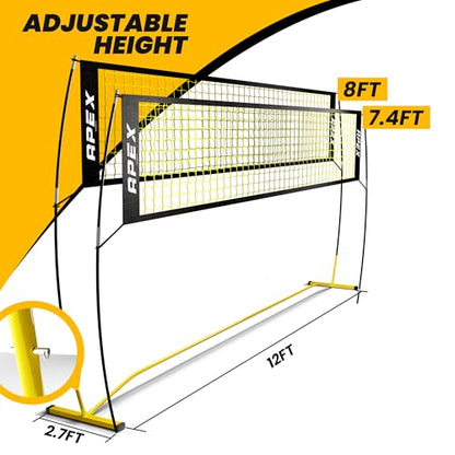 Apex Sports Volleyball Net Training – 12' Wide, Portable Adjustable Height 7.4' to 8' – Includes Ground Stakes, Carry Bag – Indoor & Outdoor Use, Designed by Pro Athletes for Peak Performance